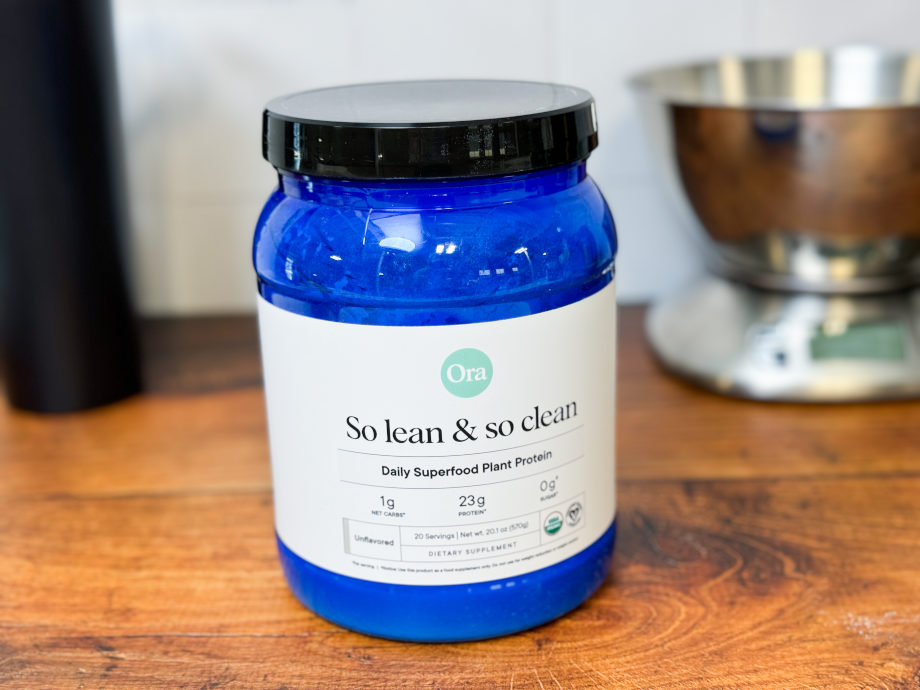 A tub of Ora Organics So Lean & So Clean Plant Based Superfood Protein